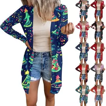 Длинный рукав Женский ретро принтованный топ Легкий базовый свободный жакет Кардиган Повседневные рубашки Рождество XXXL