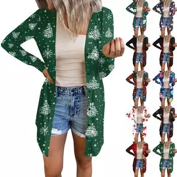 Длинный рукав Женский ретро принтованный топ Легкий базовый свободный жакет Кардиган Повседневные рубашки Рождество M фиолетовый