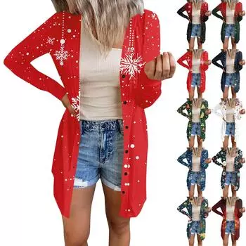 Длинный рукав Женский ретро принтованный топ Легкий базовый свободный жакет Кардиган Повседневные рубашки Рождество M