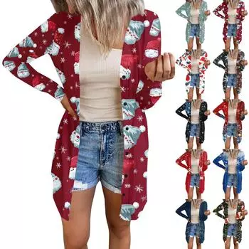Длинный рукав Женский ретро принтованный топ Легкий базовый свободный жакет Кардиган Повседневные рубашки Рождество L винный