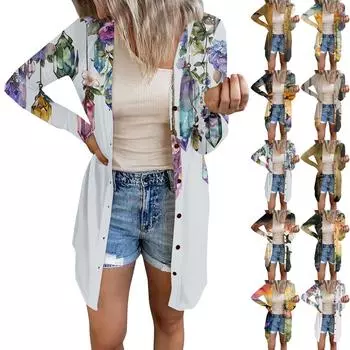 Длинный рукав женский ретро принтованный топ легкий базовый свободный жакет кардиган повседневные рубашки Хэллоуин S кофейный