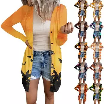 Длинный рукав женский ретро принтованный топ легкий базовый свободный жакет кардиган повседневные рубашки Хэллоуин L жёлтый