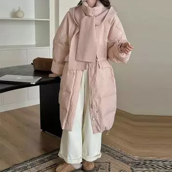 Длинный шарф пуховик женский 2024 зима новый талия белый утиный пух тонкий колено утолщенный теплый жакет S небесно-голубой