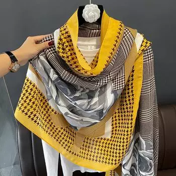 Длинный шелковый шарф «Камелия» в стиле ретро, женский летний солнцезащитный пляжное полотенце, марлевый теплый шарф темно-желтого