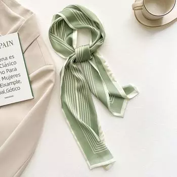 Длинный шелковый шарф в полоску для офисных леди с повязкой на волосы светло-зеленый