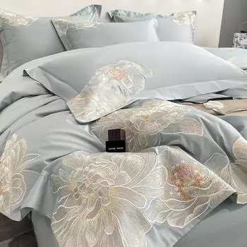 Длинный штапельный хлопковый пододеяльник из четырех частей, 100 атласных вышитых пододеяльников A