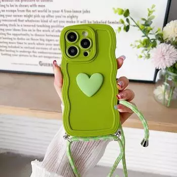 Длинный силиконовый чехол с 3D сердечком на шнурке для iPhone 12, 13, 11, 14, 15 Pro Max Plus X XR XS Max 7P 8Plus SE2020, фигурный волнистый чехол For iPhone 15 светло-синий