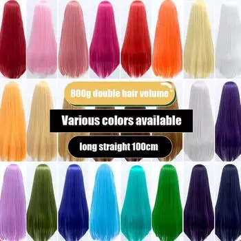 Длинный синтетический парик аниме для косплея 100 см с челкой, светлые, синие, красные, розовые, фиолетовые волосы для вечеринки