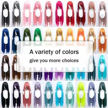 Длинный синтетический парик аниме для косплея 100 см, блондинка, синий, красный, розовый, фиолетовый, волосы для вечеринки с челкой, парики для косплея для женщин