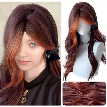 Длинный синтетический парик с красными лисьими прядями, женский, Лолита, повседневный, красно-коричневый, с грязно-оранжевой челкой, парик для вечеринок с большой волной 60CM