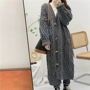 Длинный свитер на осень и зиму, женские куртки, большая версия свободной ветровки, однобортное витое трикотажное пальто с длинными рукавами, кардиган One size серый