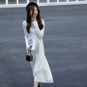 Длинный свитер, пуловер, женский пуловер до колена, осень и зима, новое свободное однотонное трикотажное платье с высоким воротом, длинный пуловер, женский One Size чёрный