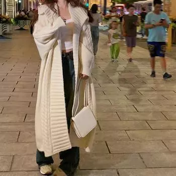Длинный свитер с лацканами в стиле ретро для женщин, осень и зима, ленивый ветер, длинный вязаный кардиган, куртка, удобная, универсальная и модная One size бежевый