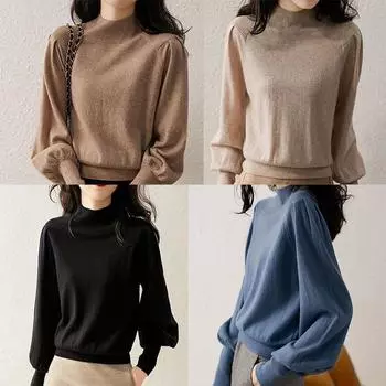 Длинный свитер с рукавами-фонариками и высоким воротом с осенне-зимним темпераментом. Трикотажный женский свободный базовый топ-рубашка. S чёрный