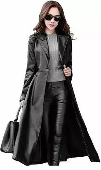 Длинный тренчкот ручной работы, стильный женский, из натуральной овчины, формальный, повседневный S чёрный