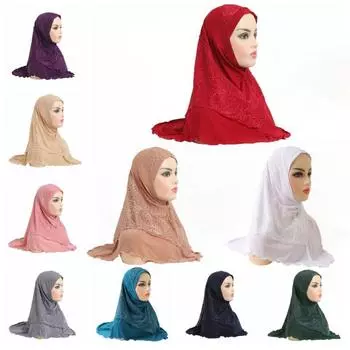 Длинный тюрбан мусульманский молитвенный хиджаб кружевной цветок мусульманский платок шляпа мягкий исламский хиджаб шарф для девочек павлин голубой