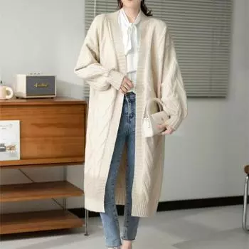 Длинный V-образный вырез в клетку большого размера свободный повседневный вязаный кардиган осень и зима новый ленивый ветровка длинный рукав женское пальто One size бежевый