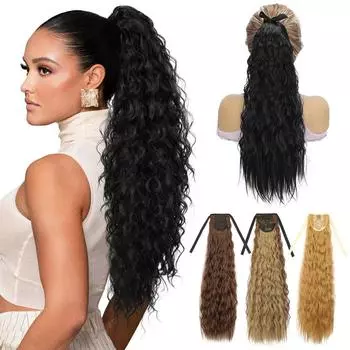 Длинный вьющийся конский хвост синтетический зажим в конский хвост наращивание двойной ремень обертывание вокруг конского хвоста термостойкие волосы для женщин вечеринка использование 55cm