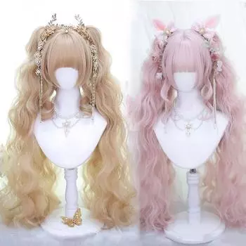 Длинный вьющийся парик для косплея с 2 хвостиками синтетические волосы для Хэллоуина красный черный коричневый розовый парик термостойкие женские парики Лолиты