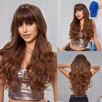 Длинный вьющийся парик Женская мода Длинные волосы на всю голову Парик из волокна Женский парик Химическая прямая челка Натуральные волосы 66cm