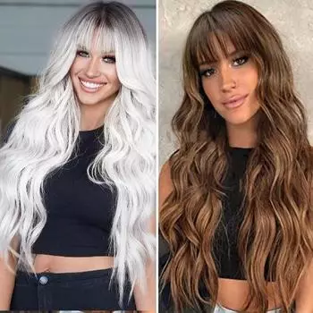 Длинный вьющийся парик, женский волнистый парик с челкой, термостойкий натуральный вид, синтетические волосы, высокотемпературный проволочный парик