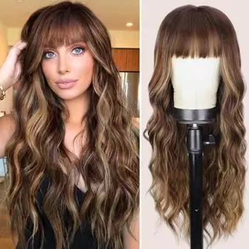 Длинный вьющийся парик, женский волнистый парик с челкой, термостойкий натуральный вид, синтетические волосы, высокотемпературный проволочный парик