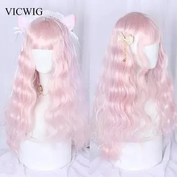 Длинный вьющийся розовый синтетический парик с челкой из натуральных волос для женщин, милые парики для косплея Лолиты, термостойкие светло-розовый