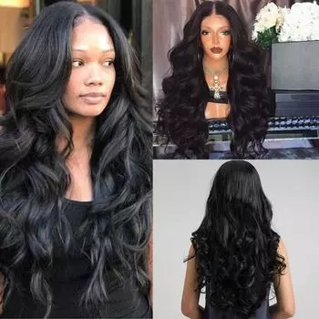 Длинный волнистый парик, гладкая поверхность, дышащие парики для черного косплея, мягкие пушистые объемные волны для женщин чёрный