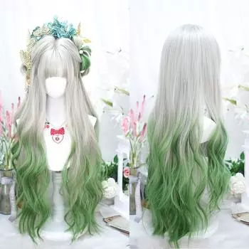 Длинный волнистый парик Лолиты Харадзюку для косплея, 32 дюйма, лунный свет, серый, лимонный, синтетический, с челкой, волнистые аниме-парики для женщин