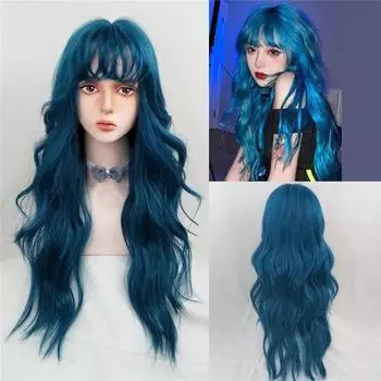 Длинный волнистый синий синтетический парик с челкой, парики Лолиты для женщин, повседневные вечерние волосы для косплея, термостойкое волокно, модная подделка синий