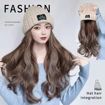 Длинный волнистый вьющийся парик Вязаная шапка Парик Плюс Бархатная вязаная шапка Синтетическое волокно Волосы Натуральные эластичные Новая мода для женщин Fackhair