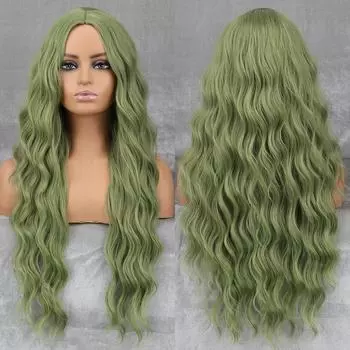 Длинный волнистый зеленый синтетический парик женский термостойкий натуральный получастичный парик для косплея для вечеринки в стиле Лолиты красный, черный, розовый 08C