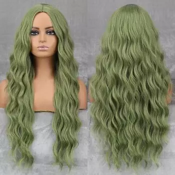 Длинный волнистый зеленый синтетический парик женский термостойкий натуральный получастичный парик для косплея для вечеринки в стиле Лолиты красный, черный, розовый 114
