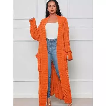 Длинный вязаный кардиган, элегантный однотонный свитер с длинными рукавами и карманами, женский L бежевый