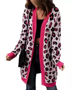 Длинный вязаный кардиган Azura Exchange с леопардовым принтом M ярко-розовый