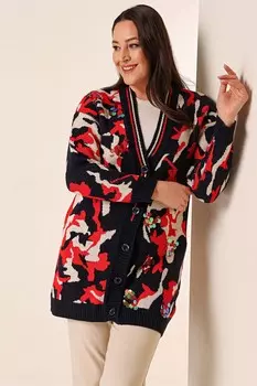 Длинный вязаный кардиган оверсайз с камуфляжным принтом и пайетками