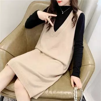 Длинный вязаный жилет, женская куртка с v-образным вырезом, свитер длиной до колена, платье, свободное осенне-зимнее однотонное платье без рукавов One Size чёрный