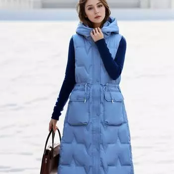 Длинный выше колена хлопковый жилет утолщенный однотонный жилет большого размера с капюшоном осенне-зимняя куртка без рукавов утолщенный жилет женский M белый