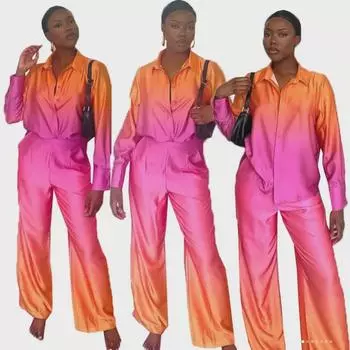 Длинный женский костюм-рубашка с принтом «Градиентная радуга» S оранжевый/красный