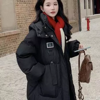 Длиной до колена пуховая хлопковая одежда женская зимняя новая свободная утолщенная средняя и длинная хлопковая подбитая одежда универсальное модное пальто M 90-55 kg