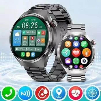 Для Android IOS Smartwatch Мужские часы 4 Pro AMOLED HD экран Bluetooth Вызов ЭКГ Мониторинг здоровья Smartwatch 2024 Новые мужские часы NFC Silver-silica gel