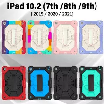 Для Apple iPad 10,2 (2019)/ (2020)/ (2021) Вращающаяся на 360° ручка с плечевым ремнем. Прочная защитная подставка из ТПУ + ПК. Противоударный противоударный чехол 3 в 1. Apple iPad 10.2 (2021)