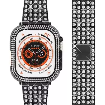 Для Apple Watch Ultra Bands 49 мм женский блестящий ремешок из нержавеющей стали 45 мм 44 мм с защитным чехлом с бриллиантами для iWatch 42 мм 41 мм 40 мм серии 9 8 Ultra For Apple Watch 38mm чёрный