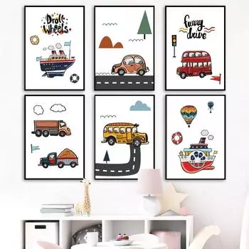 для автомобилей мультфильм плакаты и принты для гостиной ребенок детская комната украшения смешные принты на холсте вождение для домашнего декора детская комната без рамки 21*30cm No Frame