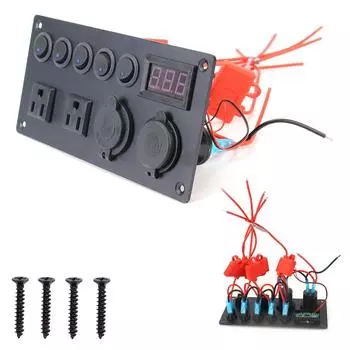 Для автомобиля, морская автомобильная панель переключателей, 12 В/24 В, светодиодный цифровой вольтметр, двойной USB-порт, кнопка включения-выключения, 5-ти групповой тумблер с розеткой американского стандарта