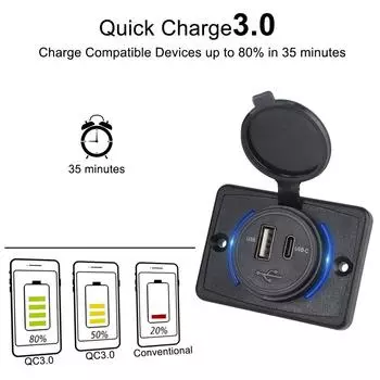 Для автомобиля, морской лодки, автофургона, автомобильный аксессуар, автомобильный USB-порт, зарядное устройство, гнездо, адаптер, светодиодное зарядное устройство для автомобиля QC3.0+PD 12 В/24 В, водонепроницаемый синий