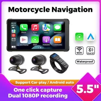 Для беспроводной Carplay Android auto 5.5 дюймов мотоциклетная навигация carplay moto IP67 водонепроницаемый два канала BT двойная запись CAM