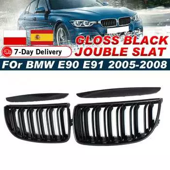 Для BMW E90 E91 4 двери 2005 2006 2007 2008 #GCP-039011 Пара передних глянцевых черных двойных планок спортивной решетки радиатора