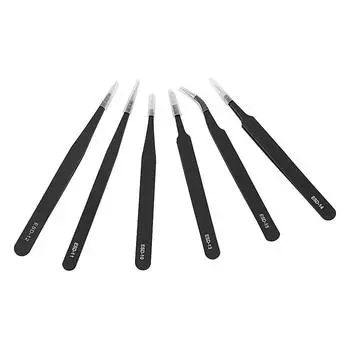 Для часов, ювелирных изделий, мобильного телефона, электроники, набор пинцетов из нержавеющей стали, антистатические изогнутые прямые кончики, 6 шт./компл., прецизионные пинцеты для промышленного ремонта чёрный