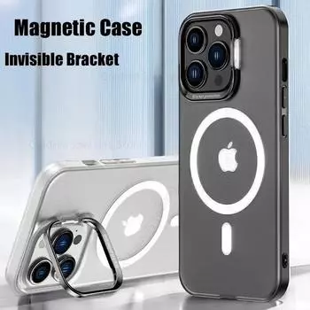Для чехла Magsafe Kickstand для iPhone 16 Pro Max, беспроводного зарядного устройства Magsafe, чехол для Apple 15, 14, 13, 12, 16 Pro, невидимый кронштейн, откидная крышка для объектива For iPhone 16 Pro Max чёрный